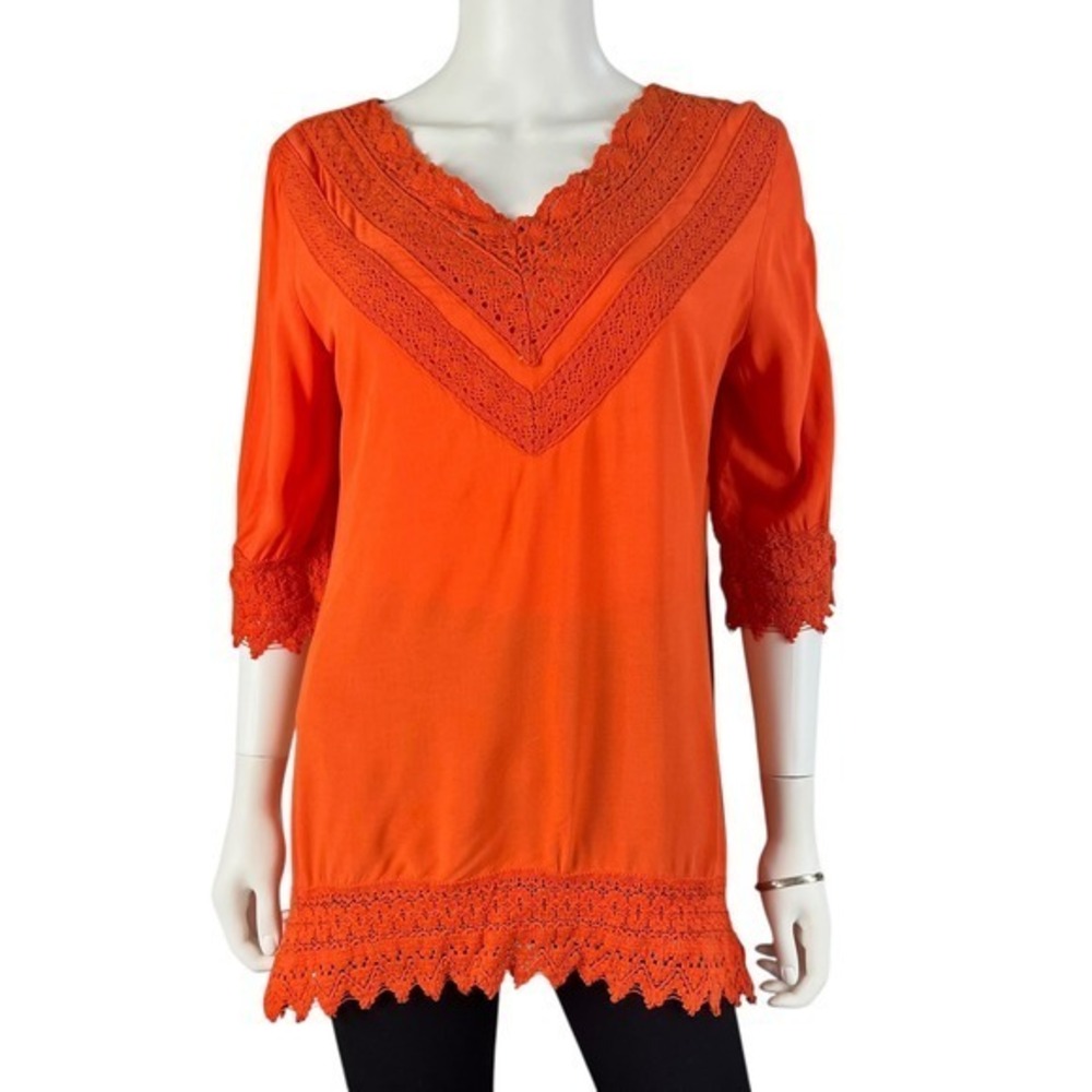 Forgotten Grace Blouse Womens L Crochet Trim Boho Orange Blouse‎